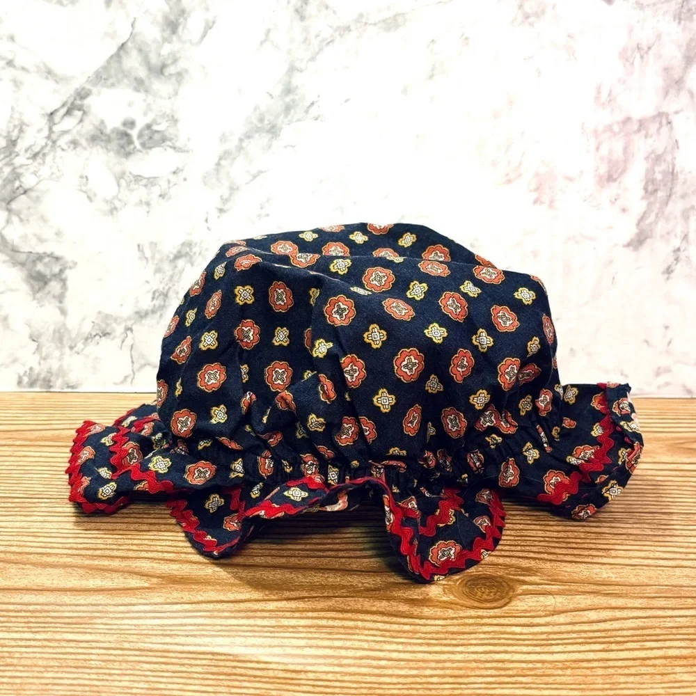 Vintage Children’s Navy Blue and Red Floral Pioneer Prairie Bonnet Hat
